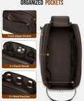 Organized interior of Built Tough PU Leather Toiletry Bag For Men, dark brown with front zipper pocket and elastic bands.