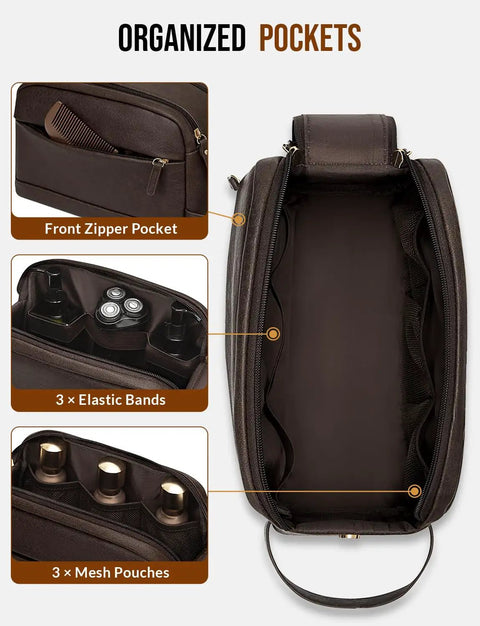 Organized interior of Built Tough PU Leather Toiletry Bag For Men, dark brown with front zipper pocket and elastic bands.