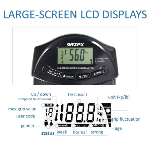 Digital Hand Dynamometer Grip Strength Meter With Auto Capture Electronic Hand Grip Power 198 Lbs 90 Kgs Black LCD display