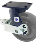 Heavy Duty Industrial Swivel Plate Caster With Field Installable Cam Wheel Brake 10 Inch Elastomer Wheel 3400 Lb Capacity close-up view of caster showing steel mount and grey wheel