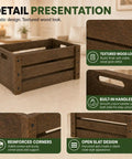 Three Pack Extra Large Rustic Wooden Crates For Display And Storage Farmhouse Style Nesting Boxes With Handles Big Capacity Wooden Crate Baskets with detail presentation showing textured wood look, built-in handles, reinforced corners, and open slat design, easy assembly with screws, suitable for living room decor.