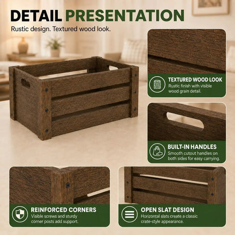 Three Pack Extra Large Rustic Wooden Crates For Display And Storage Farmhouse Style Nesting Boxes With Handles Big Capacity Wooden Crate Baskets with detail presentation showing textured wood look, built-in handles, reinforced corners, and open slat design, easy assembly with screws, suitable for living room decor.