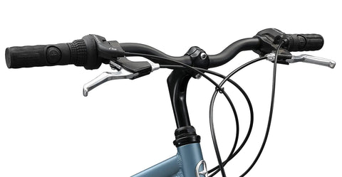 Close-up of handlebars and brakes of Hybrid Adventure Bike For Adults, 21 Speed 700c Aluminum Frame With Suspension Fork