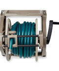 Wall Mount Hose Reel With Storage Tray Space Saving For Five Eighth Inch Vinyl Hose 175 Foot Capacity Outdoor Organizer in Dark Taupe
