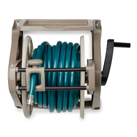 Wall Mount Hose Reel With Storage Tray Space Saving For Five Eighth Inch Vinyl Hose 175 Foot Capacity Outdoor Organizer in Dark Taupe
