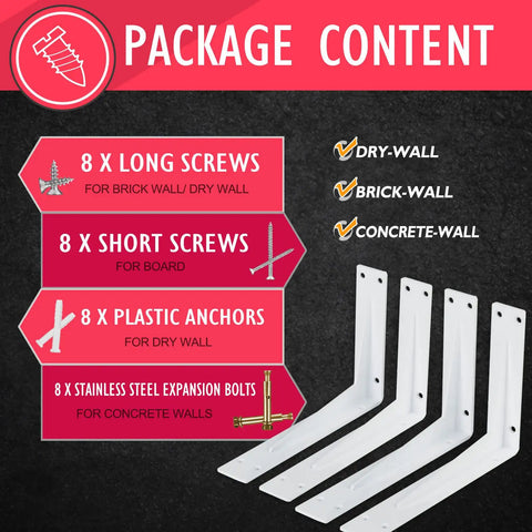 Heavy Duty 22 Inch White Shelf Bracket Set with screws and anchors listed for different wall types, shown in package content.