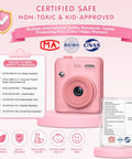 Kids Camera With Instant Print For Ages 4 To 10 Boys And Girls, Safe Kid Friendly Gadget With Shockproof Drop Protection, 6 Layer Safety, Triple Battery Anti Ignition, Easy Snap And Print, Ideal Birthday Gift And Photo Printer Toy, pink front view