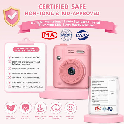 Kids Camera With Instant Print For Ages 4 To 10 Boys And Girls, Safe Kid Friendly Gadget With Shockproof Drop Protection, 6 Layer Safety, Triple Battery Anti Ignition, Easy Snap And Print, Ideal Birthday Gift And Photo Printer Toy, pink front view