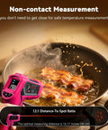 Your Go To Infrared Thermometer Gun Non Contact Digital Temperature Meter measuring bacon in frying pan at safe distance
