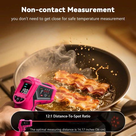 Your Go To Infrared Thermometer Gun Non Contact Digital Temperature Meter measuring bacon in frying pan at safe distance