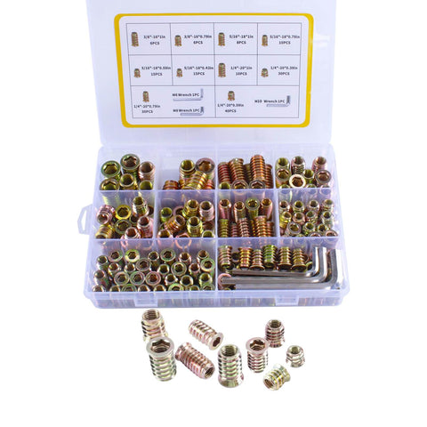 170 Piece Wood Threaded Inserts Kit With 10 Sizes And Hex Wrenches For Woodworking Furniture And Cabinet Projects, Steel Inserts.