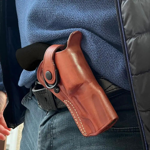 OWB Leather Paddle Revolver Holster With Retention Strap For Pietta 1858 Ace Black Powder 44 Cal 3 Inch Right Hand Quick Draw Brown Genuine Leather Handmade Fit worn on person