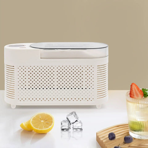 Great Slick And Totally Nifty Mini Countertop Ice Maker With 12V Car Adapter, compact design with ice cubes and fruits.