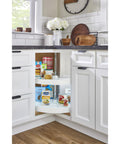 Pie Cut Dual Tier Lazy Susan Organizer For Corner Base Kitchen Cabinets White Plastic Rotating Shelves 24 Inch Wide Two Shelf Turntable