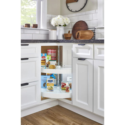 Pie Cut Dual Tier Lazy Susan Organizer For Corner Base Kitchen Cabinets White Plastic Rotating Shelves 24 Inch Wide Two Shelf Turntable