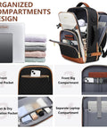 Carry On Travel Backpack With Flight Approved And Water Resistant Design, 20x13x8.5 Inch Size, showing compartments and laptop fits