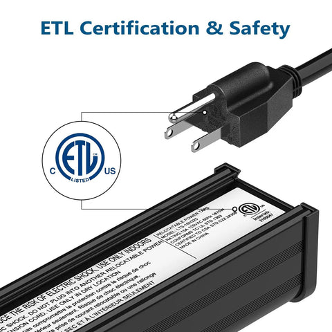 Close-up of ETL certified Beefy 24 Outlet Power Strip With Long Aluminum Enclosure And Built In Circuit Breaker, 10 ft cord, 125V, black.