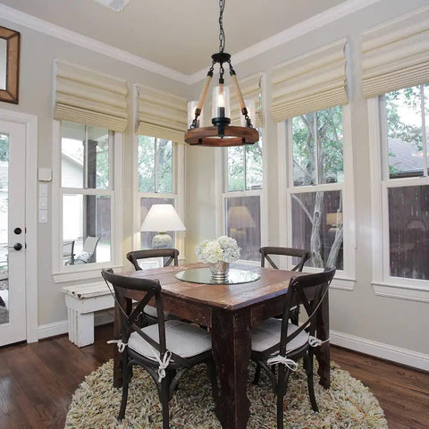 Dining room with Wooden Ring Hemp Rope Wagon Wheel Chandelier Rustic Farmhouse Vibe Pendant Lighting With Glass Shade Three Lights