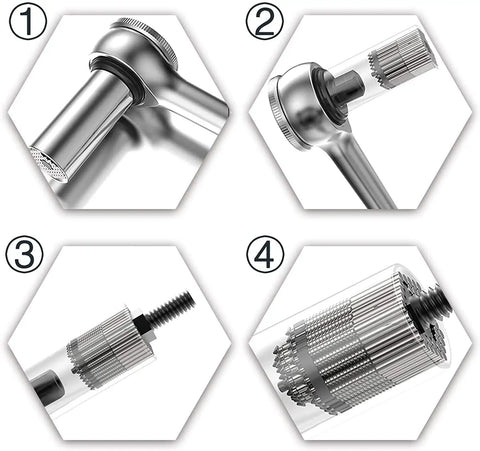 Close-up of Three Piece Universal Socket Wrench Set With Ratchet And Drill Adapters, showcasing hexagon metal heads and retractable springs.