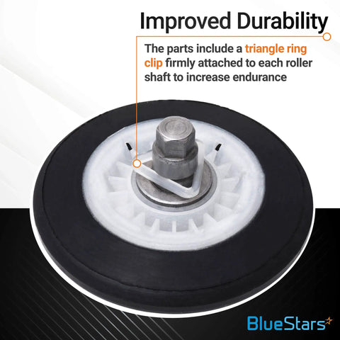 Ultra Durable 4581EL2002C Dryer Drum Roller Assembly close-up with triangle ring clip detail for LG and Kenmore dryers