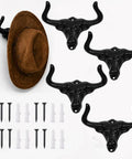 Built Tough 4 Pack Western Bull Horn Hat Hooks In Matte Black Cast Iron Wall Rack with cowboy hat and fast mount kit.