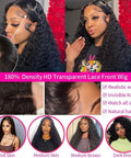 180 Density HD Lace Front Wig 13x4 Glueless Brazilian Virgin Remy Human Hair Deep Wave Frontal With Pre Plucked Baby Hair For Women Natural Black Vibe displayed on models showing realistic hairline and various skin tones.