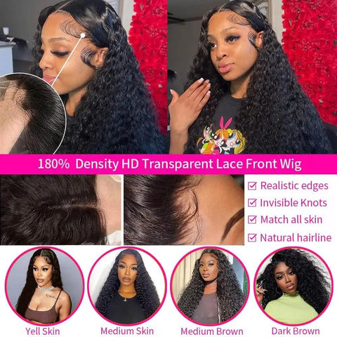 180 Density HD Lace Front Wig 13x4 Glueless Brazilian Virgin Remy Human Hair Deep Wave Frontal With Pre Plucked Baby Hair For Women Natural Black Vibe displayed on models showing realistic hairline and various skin tones.