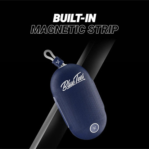 Player Go Golf GPS Speaker With AI Power featuring built-in magnetic strip, compact design, and blue casing