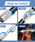 4-piece reusable hydraulic hose repair kit with metal fittings for 1/4, 3/8, 1/2 in hoses; installation diagram