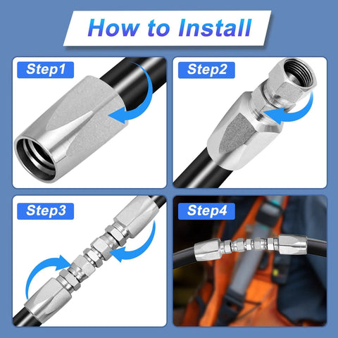4-piece reusable hydraulic hose repair kit with metal fittings for 1/4, 3/8, 1/2 in hoses; installation diagram