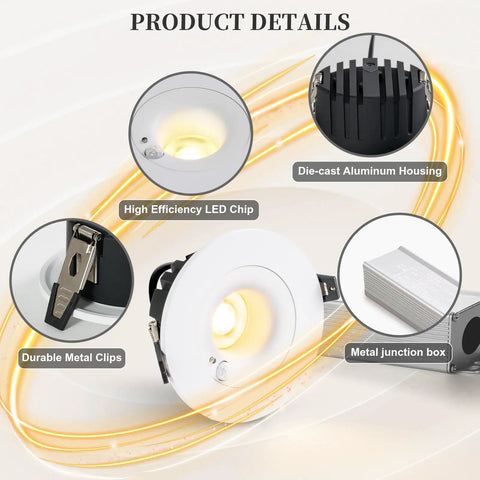 HITOO 3 Inch Motion Sensor Recessed Downlight Light 3000K, White, 2 Pack with LED chip, metal junction box, and durable clips.
