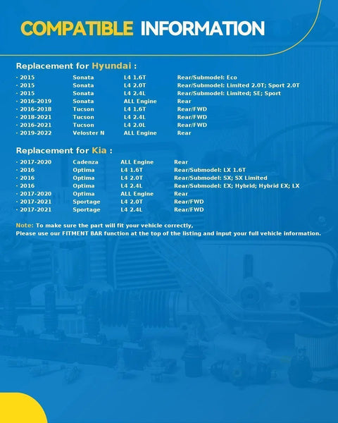 Compatibility chart for Rear Wheel Hub Bearing Assembly With ABS 5-Lug for Hyundai Sonata 2015-2019 and other models.