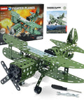 Metal Plane Toy Buildable Fighter Jet Kit with box and instructions, propeller, double wings, cockpit, and tools