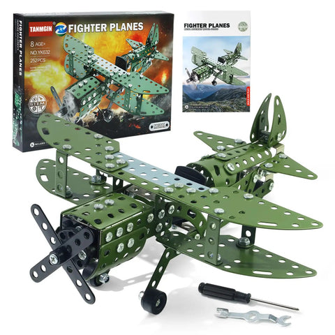 Metal Plane Toy Buildable Fighter Jet Kit with box and instructions, propeller, double wings, cockpit, and tools