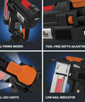 Features of 20V 18GA Cordless Brad Nailer Nail Gun For Trim Molding And Baseboards Up To 2 Inches Tool Free Jam Release, details shown