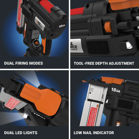 Features of 20V 18GA Cordless Brad Nailer Nail Gun For Trim Molding And Baseboards Up To 2 Inches Tool Free Jam Release, details shown