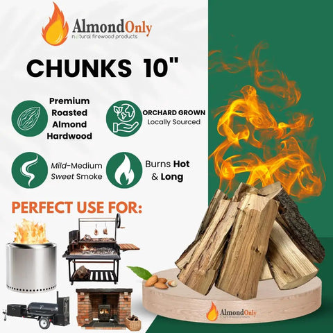 Premium Roasted Almond Firewood Logs In 10 Inch Length For Real Deal High Heat Grilling And Smoking Dense North American Hardwood with clean burn ideal for pizza ovens, outdoor fire pits, campfires, Solo Stove Yukon shown with flames and cooking setup.