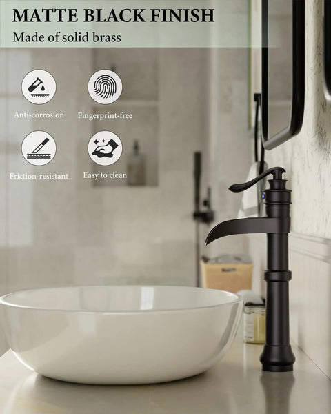 Matte Black Vessel Sink Faucet With Pop Up Drain Waterfall Style Farmhouse Single Hole Lavatory Tap Antique Bowl Look One Handle