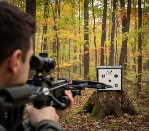 Archer aiming at Backyard Crossbow Target With 650 FPS Stopping Power 250 FP Kinetic Energy in forest