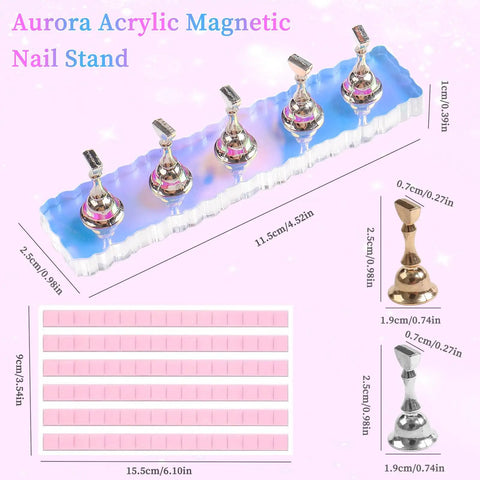 2 Piece Aurora Nail Stand Set for Painting Nails, Magnetic Nail Holder Display With 96 Removable Mounting Tapes, shown with dimensions