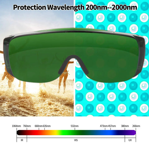 Fit-Over Laser Safety Glasses For Hair Removal And Cosmetology with Pro-Grade Oversized Green Lens, 200nm-2000nm Range
