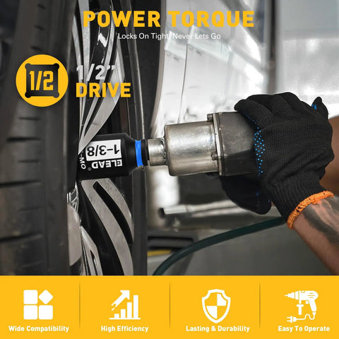 One Half Inch Drive Deep Impact Socket Set Eight Piece SAE Wheel Nut Wrench Kit with Large Sockets Used on Car Wheel