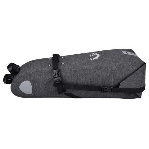 Side view of grey 10L Roll-Top Bike Saddle Bag for Mountain and Road Bikes, durable PVC TPU, tool-free universal fit, weatherproof.