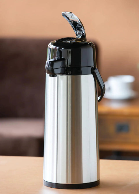ECAL22S Eco Air Lever Airpot With Glass Vacuum Insulated Beverage Dispenser 2.2 Liter Thermal Coffee Carafe Brushed Stainless Steel