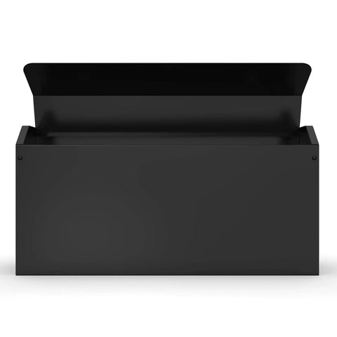Front view of Edward Wall Mounted Mailbox In Slick Matte Black with open lid showcasing medium capacity design.