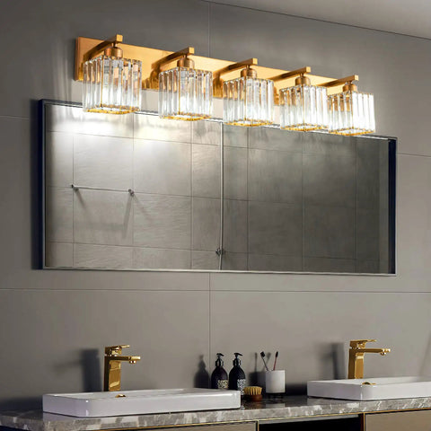 Gold Crystal 5 Light Vanity Wall Fixture Modern Glam Finish E26 LED Ready Bathroom Vanity Light with Dimmable Bulbs 36 Inch