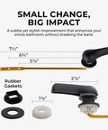 Matte Black Front Mount Toilet Handle Replacement Kit With Universal Flush Lever dimensions and rubber gaskets shown