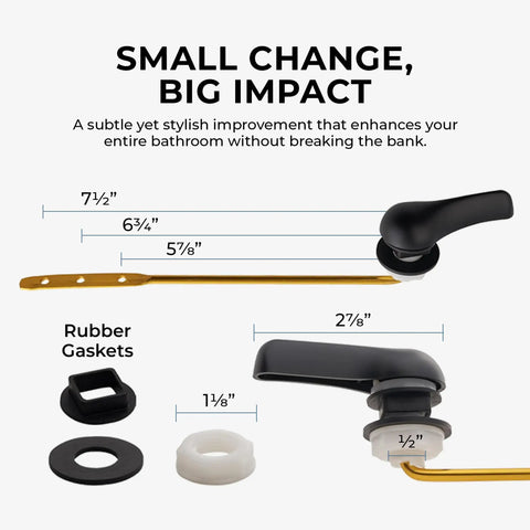 Matte Black Front Mount Toilet Handle Replacement Kit With Universal Flush Lever dimensions and rubber gaskets shown