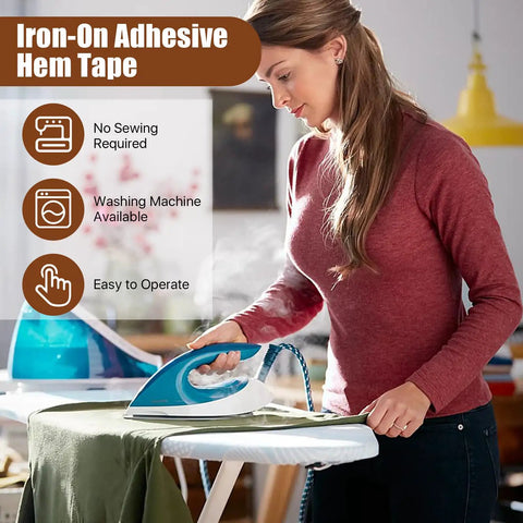 Woman using 12 Roll Iron On Hem Tape Set No Sew Fabric Fusing Tape In 0.75 Inch And 1 Inch Widths White And Black 64 M Each Roll on fabric