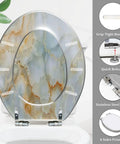 Elongated Toilet Seat for Bathroom in artistic design, 14.5" x 18.5", features grip-tight bumpers and stainless steel hinge.